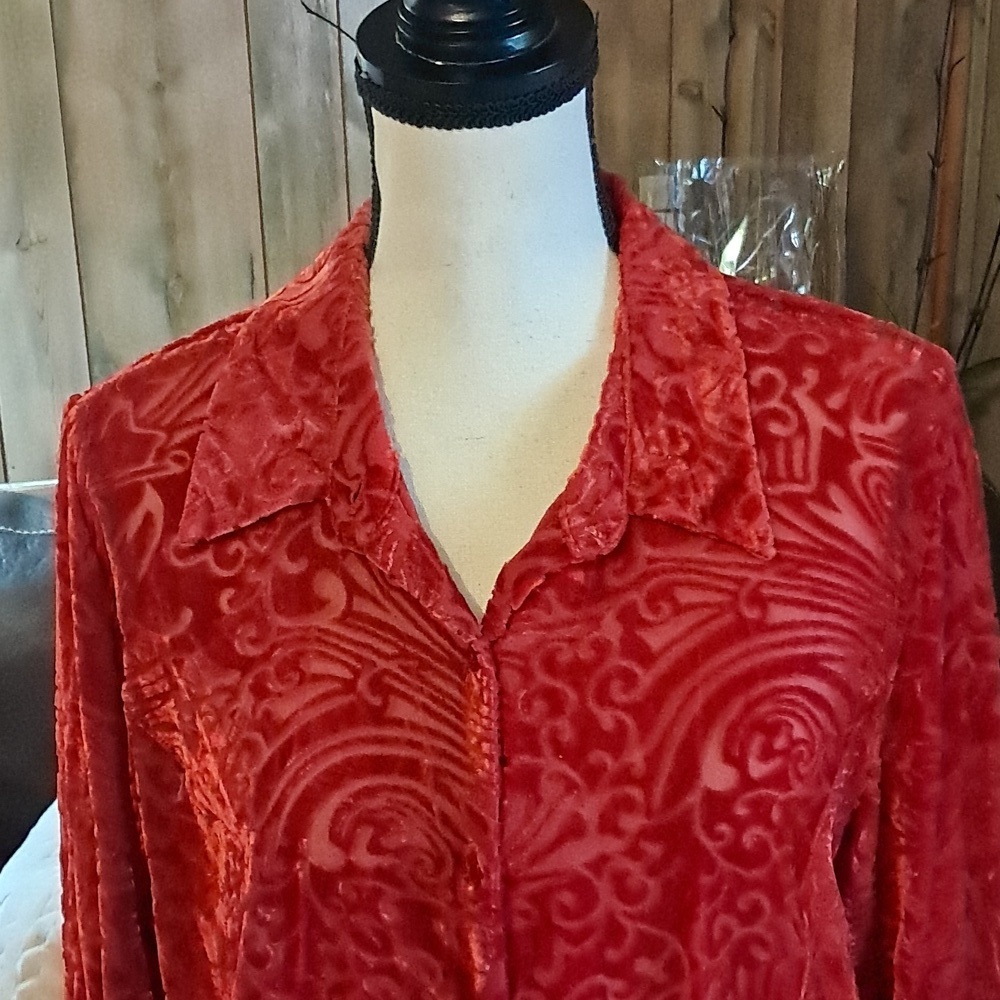 Women Red Floral Burn-Out Velvet Button Down Blouse Size L Boho Y2K - Picture 2 of 9